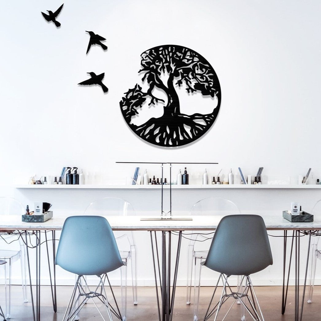 Flock of Flying Birds on Tree Metal Wall Art