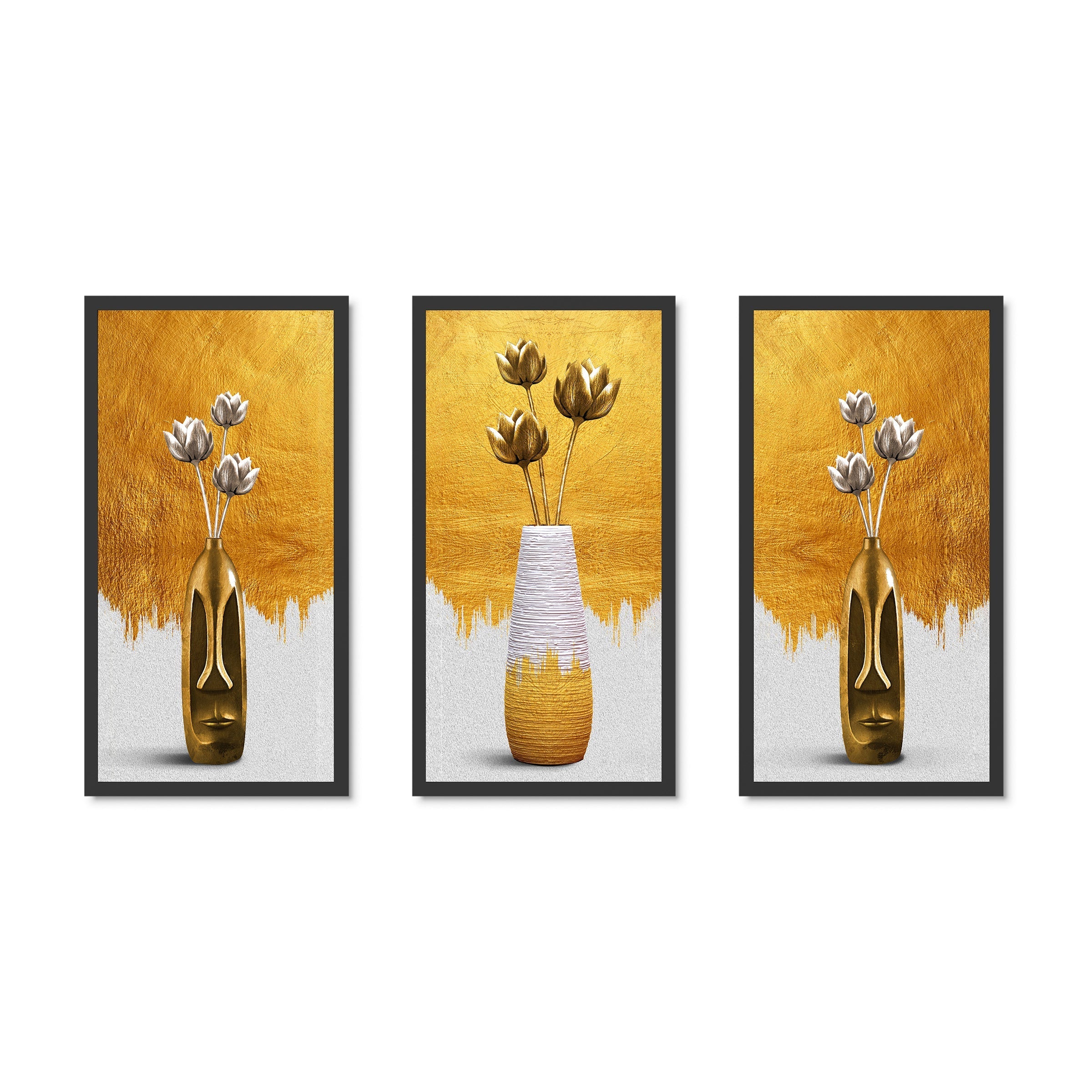 Gold Flower Vase Triptych Canvas Art