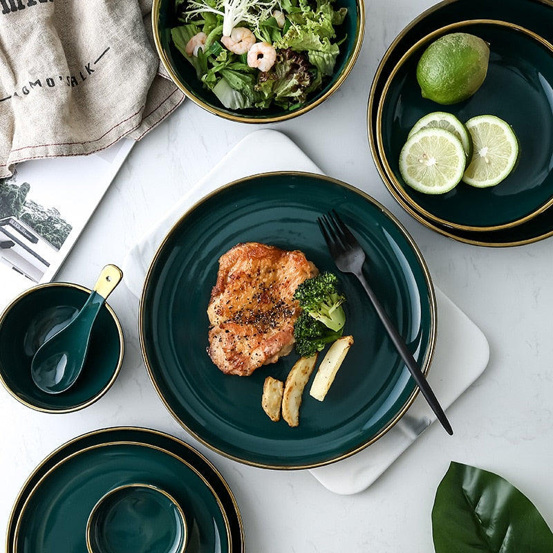 Emerald Green Gold Trim Ceramic Dinnerware