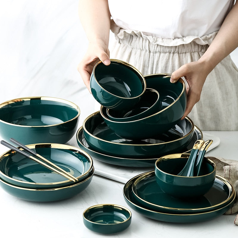 Emerald Green Gold Trim Ceramic Dinnerware