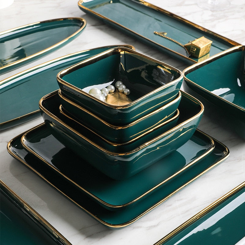 Emerald Green Gold Trim Ceramic Dinnerware