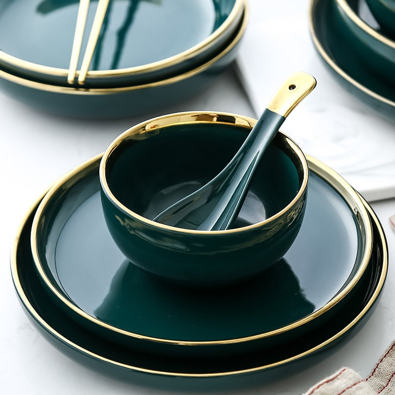 Emerald Green Gold Trim Ceramic Dinnerware