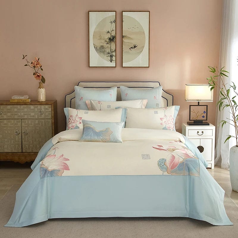 Lotus Blue Duvet Cover Set (Long-Staple Sateen Cotton)